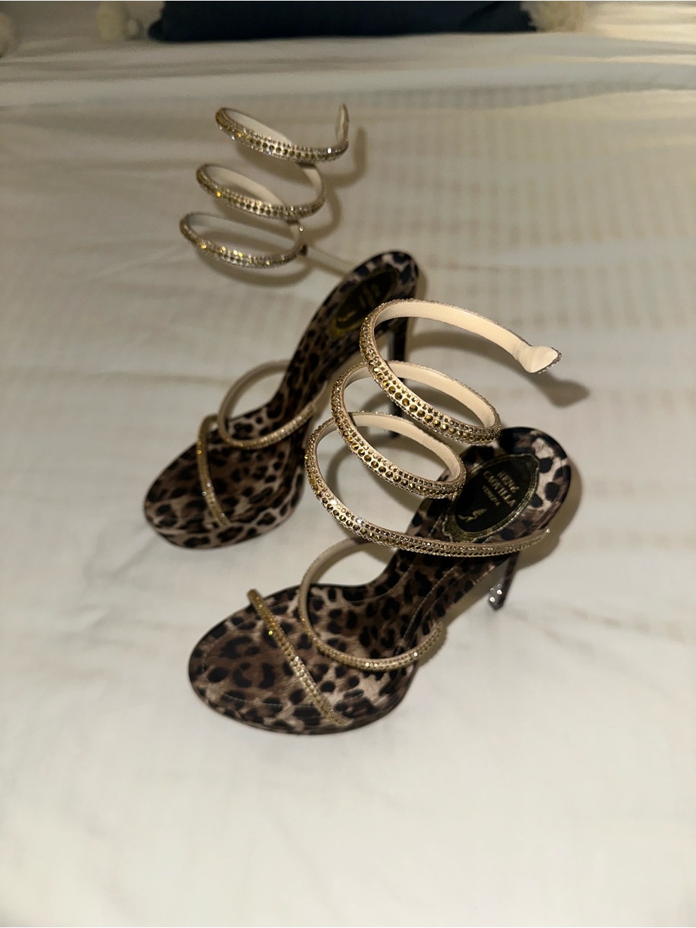 Rene Caovilla Gold Spiral-Strap Leopard Sandals
